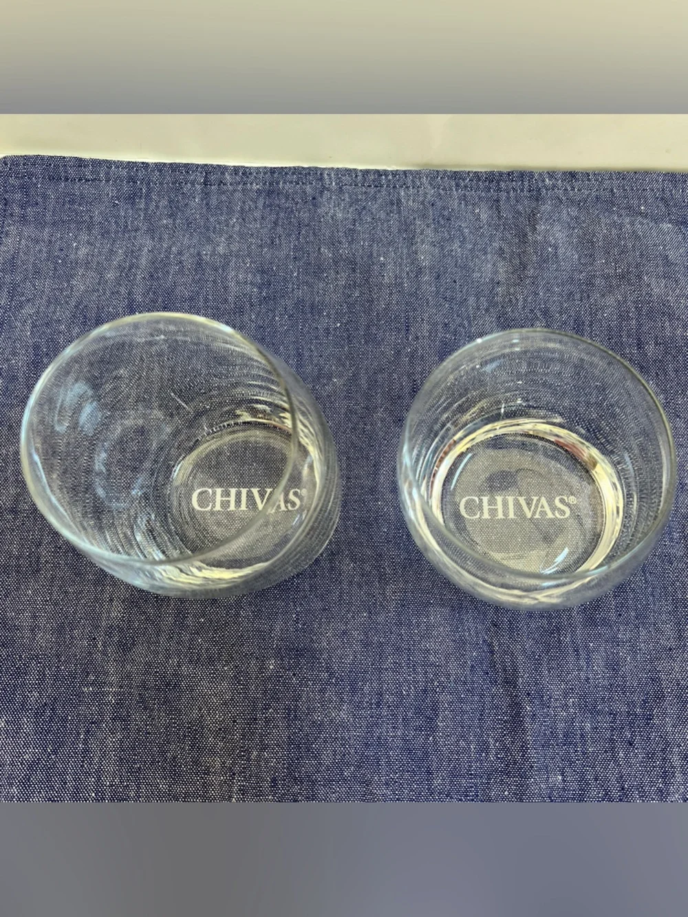 Whiskey Chivas Regal Scotch Set of 2 Rocks Lowball Glasses Slanted Tilted Etched